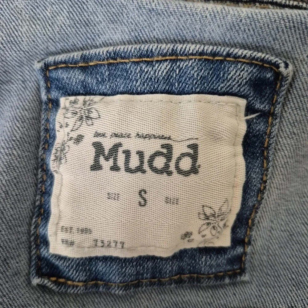 Mudd Jacket‎ Girls Small Blue Denim Gray Hoodie Sleeves Floral Embroidered